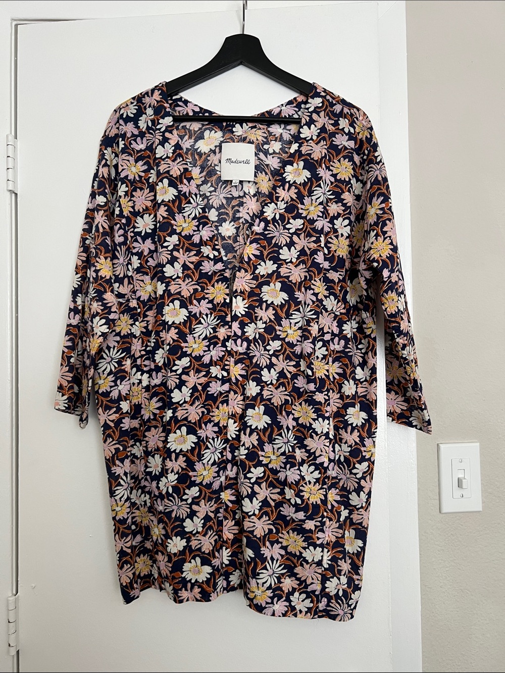 Madewell Navy Floral Cotton Kimono Duster Jacket with Pockets Size Small